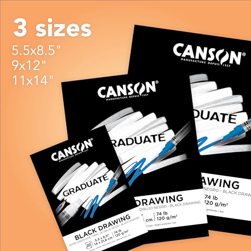 Canson Graduate Black Drawing Pad, Foldover, 11x14 inch, 20 Sheets | Artist Paper for Adults and Students - Drawing, Sketching and Art Journaling - color: Black Paper, size: 11x14 inch