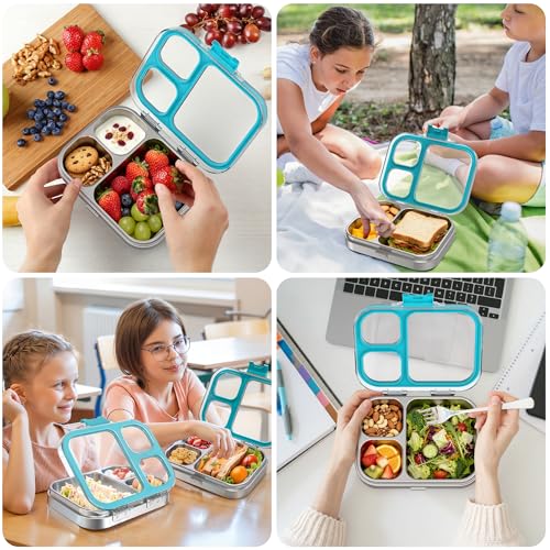 LOHASOK Kids Stainless Steel Lunch Bento Box BPA-Free Leak-Proof Tritan Lid 304 Metal Food Container with 3 Compartments for Girls Boys School Blue - color: Blue, size: 27oz/800ml