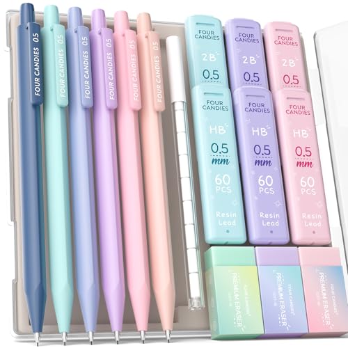 Four Candies Cute Mechanical Pencil Set, 0.5mm Fine Point, 6-Count Pack | 360 HB/2B Leads, 3 Erasers, 9 Eraser Refills, Storage Case, Triangular Grip, for School Note Taking, Exams - style: 6PCS 0.5 mm