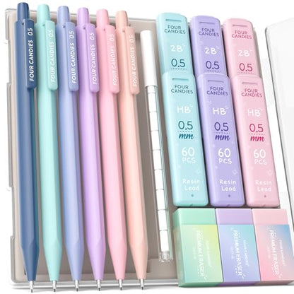 Four Candies Cute Mechanical Pencil Set, 0.5mm Fine Point, 6-Count Pack | 360 HB/2B Leads, 3 Erasers, 9 Eraser Refills, Storage Case, Triangular Grip, for School Note Taking, Exams - style: 6PCS 0.5 mm