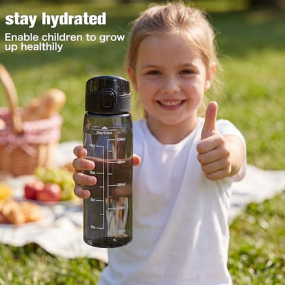 GOPPUS 20oz Kids Water Bottle with Time Marker & Handle, Tritan BPA-Free, Reusable Leakproof Anti-Dust Everyday, Clear Kids Water Bottles For School,Car Travel, Gifts Boys Girls(Black) - color: Black