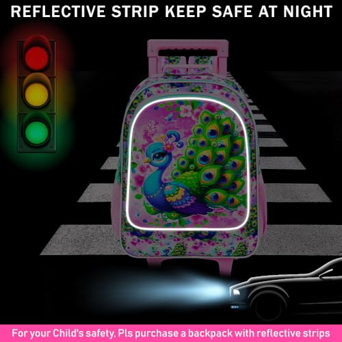 KLFVB Girls Bookbag with Wheels, 3PCS Kids Roller Backpack with Lunch Bag, Wheeled School Bag for Children - Peacock - color: Upgraded UV Printing Peacock Pink Rolling Backpack