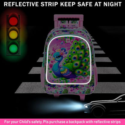 KLFVB Girls Bookbag with Wheels, 3PCS Kids Roller Backpack with Lunch Bag, Wheeled School Bag for Children - Peacock - color: Upgraded UV Printing Peacock Pink Rolling Backpack
