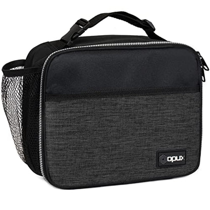 opux Insulated Lunch Bag for Kids, Reusable Lunch Box for School with Leakproof Lining, Compact Soft Cooler Tote for Boys & Girls, Front Pocket, Mesh Side Bottle Holder (Heather Charcoal) - color: Heather Charcoal
