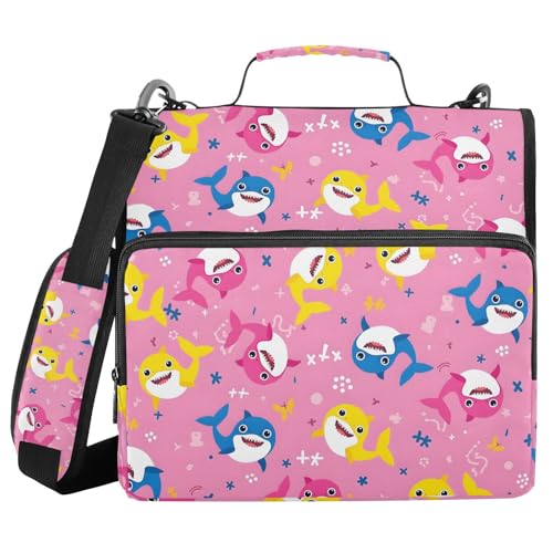3 Ring Zipper Binder with Shoulder Strap Shark Cartoon Pink 2 Inch Zippered Binder Bag 500 Sheet Capacity Multi Pockets for School Supplies - color: Multi20