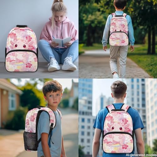 17 Inch Kid's 4PCS Backpack Set, Back to School Essentials | Insulated lunch box, water bottle pouch, pencil case, lightweight, padded shoulder straps, for elementary, middle school - color: Cherry Blossom Axolotl