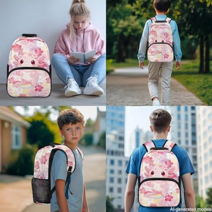17 Inch Kid's 4PCS Backpack Set, Back to School Essentials | Insulated lunch box, water bottle pouch, pencil case, lightweight, padded shoulder straps, for elementary, middle school - color: Cherry Blossom Axolotl