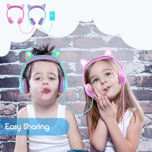 Olyre Kitty Headphones for Kids, Wired Cat Ears Headset, Dual Audio Port | Lightblue; LED Light-Up;On-ear headset; Built-in audio sharing jack; Microphone for children, toddlers, boys, girls - color: Lightblue