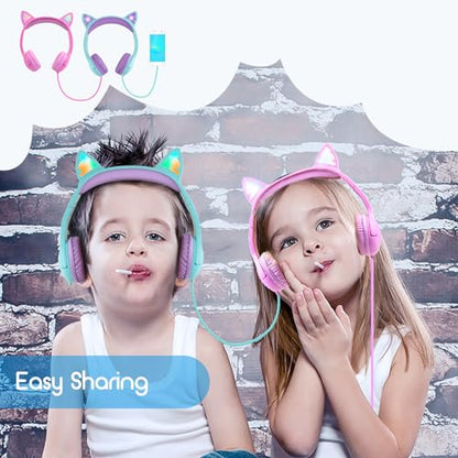 Olyre Kitty Headphones for Kids, Wired Cat Ears Headset, Dual Audio Port | Lightblue; LED Light-Up;On-ear headset; Built-in audio sharing jack; Microphone for children, toddlers, boys, girls - color: Lightblue