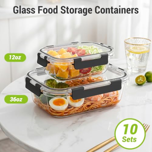 Dealusy 10 Sets (20-Piece) 36 oz & 12 oz Glass Food Storage Containers with lids, Airtight Leak-proof Glass Meal Prep Containers with Lids, Microwave Oven Freezer Dishwasher Safe, Black - color: Black