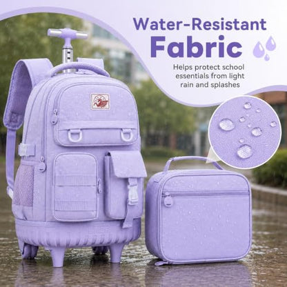 CCJPX Rolling Backpack for Girls Women, 21 inch Roller Wheels School Bookbag, Wheeled Suitcase Backpacks with Lunch Bag for Teen - Purple - color: Purple