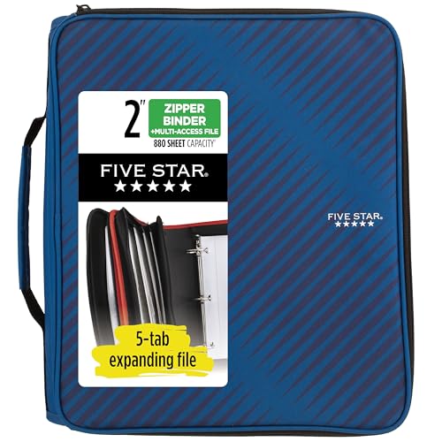 Five Star Zipper Binder, 2 Inch 3-Ring Binder with Round Rings, 5-Tab Expanding File, 380 Sheet Capacity, Cobalt Blue (72534) - color: Blue, size: 2 Inch Zipper Binder