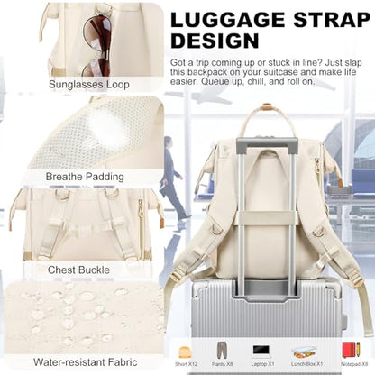 AIJIEKE Lunch Backpack for Women, 15.6 Laptop Backpack, Lunch Box, Beige | Water resistant computer bag with insulated leakproof cooler. Travel meal prep backpack for nurse, teacher, college commute - color: Beige