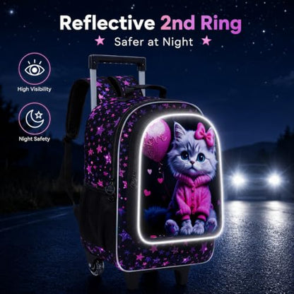 WZLVO 3PCS Wheeled Backpack, 18" Sparkling Cat Print Girls Rolling Backpack, Includes Matching Lunch Bag & Pencil Bag - Cat in Pink Dress (Purple) - color: 3PCS Girls Rolling Backpack - Cat in Pink Dress