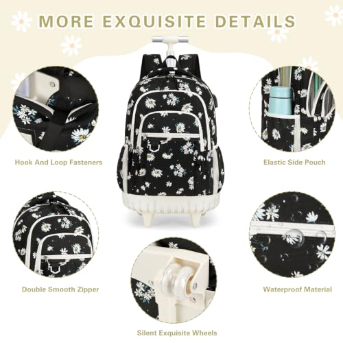 DIGOBAY Rolling Backpack for Girls, Cute Girls Backpack with Wheels, Kids Wheeled backpacks Set with Lunch Bag Pencil Case for Teen Girl, Roller School Bag with Wheels for Elementary Middle School - color: Black Daisy