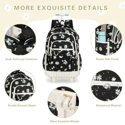 DIGOBAY Rolling Backpack for Girls, Cute Girls Backpack with Wheels, Kids Wheeled backpacks Set with Lunch Bag Pencil Case for Teen Girl, Roller School Bag with Wheels for Elementary Middle School - color: Black Daisy