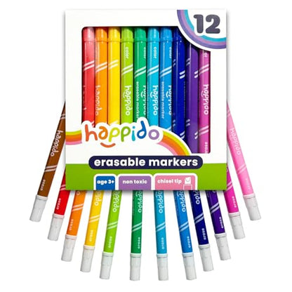 International Arrivals Double Sided Erasable Marker Sets for Kids Happido, Set of 12 Chisel Tip Non Toxic Markers, Great School Supplies, Art and Stationery Set - style: 12 Count - Erasable Double Ended
