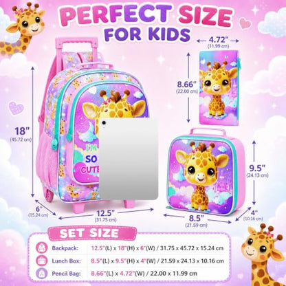 HPJGD 3PCS Giraffe Rolling Backpack for Girls, Kids School Backpacks with Wheels, Water Resistant UV Printed Roller Wheeled Bookbag Set - color: Glittering Priting Yellow Giraffe Rolling Backpack