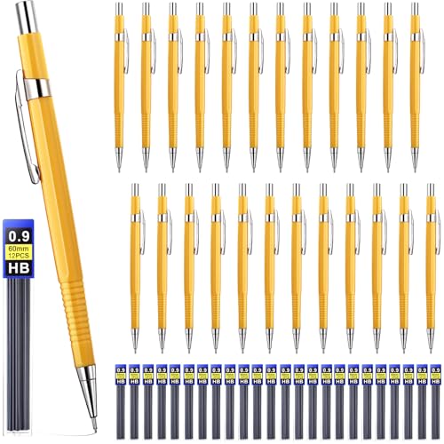 24 Pcs Mechanical Pencil, 0.9mm Metal Retractable Automatic Drafting Pencils Refills for Writing Drawing Sketching Illustration Signature (Yellow)