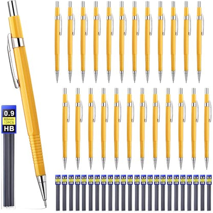 24 Pcs Mechanical Pencil, 0.9mm Metal Retractable Automatic Drafting Pencils Refills for Writing Drawing Sketching Illustration Signature (Yellow)