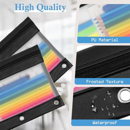 YoeeJob 6 Pack PU Leather Pencil Pouches for 3 Ring Binder, Zippered Binder Pouch, Suitable for School and Office (Black) - size: 6 Packs