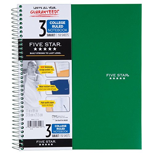 Five Star 06210 Wirebound 3-Subject Notebook, College Rule, 11 x 8 1/2, 150 Sheets, Assorted - size: 150