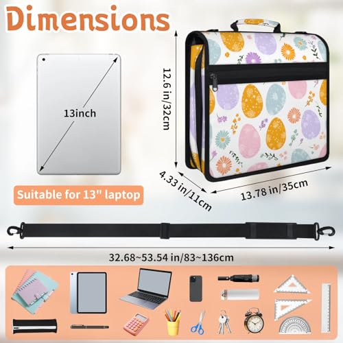 Easter Day Eggs Zipper Binder, 3 D-Ring Expanding File Folder with Handle & Adjustable Shoulder Strap, 400 Sheets Capacity Multi-Pocket Organizer for 13 Inch Laptop - color: Easter Day Eggs
