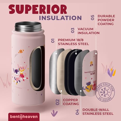 Bentoheaven Kids Water Bottle Stainless Steel for Boys & Girls, Pink | Reusable 17 oz insulated metal tumbler with 2 lids (chug and straw), leakproof design, silicone boot for school and sports. - color: Rose Pink