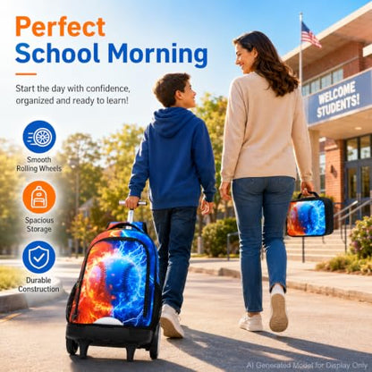 gxtvo Large Wheels & Quiet Glide | Rolling Backpack for Kids - Water-Resistant Wheeled Bag with Lunch Box for School, Travel & Outings - Fire & Lightning Baseball - color: Rolling Backpack Fire Lightning Baseball