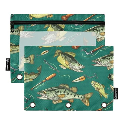 Pencil Pouch for 3 Ring Binder Bass Fish Fishing Poles Binder Pencil Pouches Clear Window Zipper Pencil Case 2 Pack for Office School College Supplies - color: Bass Fish