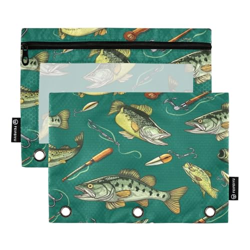 Pencil Pouch for 3 Ring Binder Bass Fish Fishing Poles Binder Pencil Pouches Clear Window Zipper Pencil Case 2 Pack for Office School College Supplies - color: Bass Fish