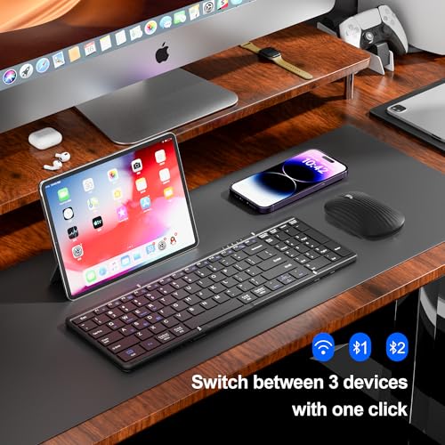 Portable Foldable Keyboard and Mouse Combo | Dual Mode Bluetooth×2+2.4G Wireless,Rechargeable Silent Full-Layout Travel Kit for iPad,Tablet,Laptop,Home & Office Black