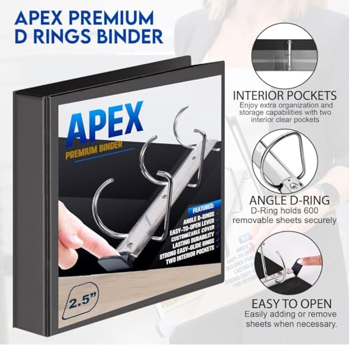 2 Pack of 2.5” Smooth Opening Angle D-Ring View Black Binders, Professional Presentation Folder for Standard Pages with Inside Pockets, and Customizable Clear View Binder PVC-Free