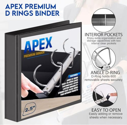 2 Pack of 2.5” Smooth Opening Angle D-Ring View Black Binders, Professional Presentation Folder for Standard Pages with Inside Pockets, and Customizable Clear View Binder PVC-Free