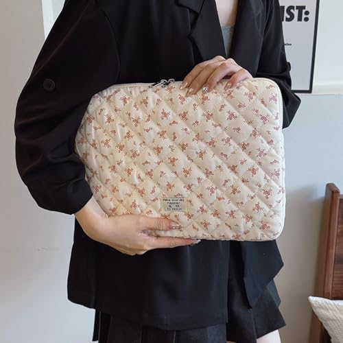 14 inch Maple Leaf Soft Pad Tablet Bag Embroidery Puffy Protective Case Shockproof Cute Quilted Laptop Sleeve Commute Work Study Bag - color: Pink Leaf