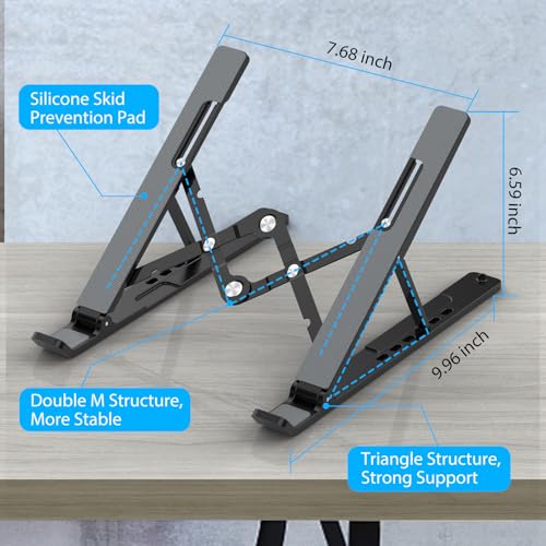 Adjustable Laptop Stand, Portable Laptop Riser for Desk, ABS+Silicone Foldable Ventilated Cooling Notebook Holder Stand for 10-15.6” Laptops, Tablets