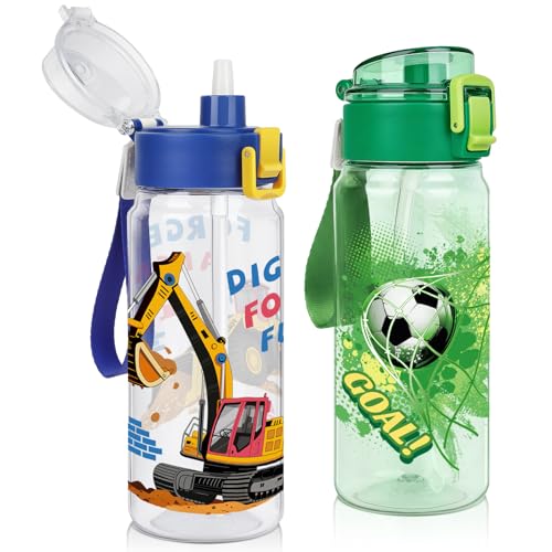 18.6oz Kids Water Bottle, Tritan BPA-Free, Excavator & Football | Toddler Water Bottle with Handle & Straw for School Travel · Pop-Up Spout Cover · Leak-Proof · Dishwasher Safe
