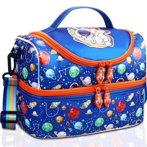 RHCPFOVR Kids Lunch Bag - Double - Decker Cooler Insulated Lunch Box for Boys Girls,Washable Lunch Bag with Strap and Reusable Toddler Lunchbox for School and Daycare - color: Royal Blue Space