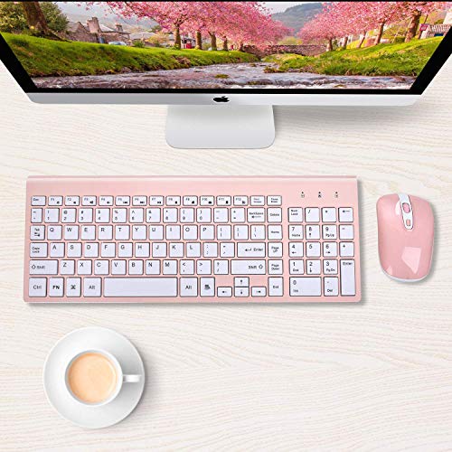 cimetech Wireless Keyboard and Mouse Combo, Compact Full Size Wireless Keyboard and Mouse Set 2.4G Ultra-Thin Sleek Design for Windows, Computer, Desktop, PC, Notebook, Laptop - Pink - color: Pink White