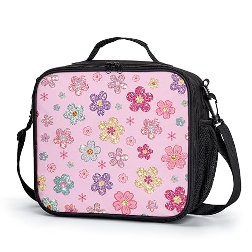 Shiny Flower Lunch Box for Girls Shining Colorful Floral Lunch Bag with Shoulder Strap for Kids Teens Durable Large Capacity Insulated Lunchbox Thermal Meal Bag for School Picnic Pink - color: A-Shining Flowers
