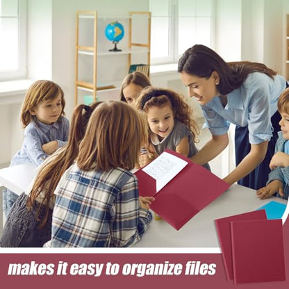 Gueevin 100 Pack Plastic Folder with Pockets, 2 Pocket Folders, Plastic Glossy Folders Fit Letter Size Paper, Heavy Duty Durable File Folder with Business Card for Home Office School (Dark Red) - color: Dark Red