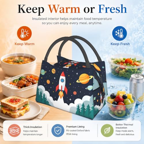 Cartoon Rocket Reusable Lunch Bag,Space Planets Insulated Small Lunch Box for Kids Adult Women,Leakproof Cooler Tote Bags for Student Teacher Work Camping Picnic School - color: Cartoon Rocket