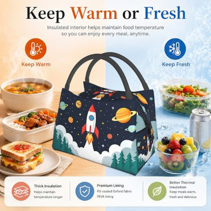 Cartoon Rocket Reusable Lunch Bag,Space Planets Insulated Small Lunch Box for Kids Adult Women,Leakproof Cooler Tote Bags for Student Teacher Work Camping Picnic School - color: Cartoon Rocket