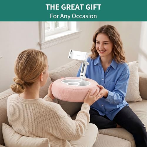 HomeMount Stable Tablet & Kindle Pillow Stand with Snack Tray, Pink | Rotating arm, plush velvet, washable cover, multi-angle comfort, fits 4.7–11" devices for relaxing, reading, or streaming - color: Pink