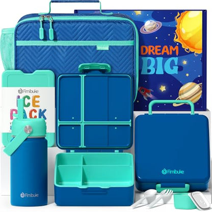 Fimibuke Kids Bento Lunch Box with 4 Compartments, Insulated lunch Bag, Stainless Steel Insulated Water Bottle, Ice Pack & Utensils Set, Birthday Gifts for Ages 3-12 Back to School Toddler Girls Boys - color: A8. Nautica Blue