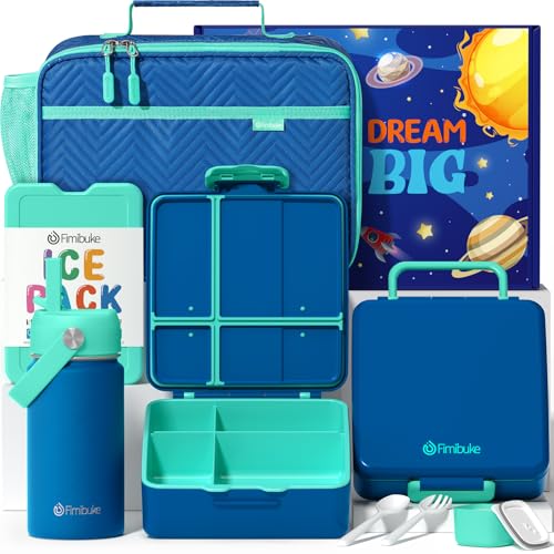 Fimibuke Kids Bento Lunch Box with 4 Compartments, Insulated lunch Bag, Stainless Steel Insulated Water Bottle, Ice Pack & Utensils Set, Birthday Gifts for Ages 3-12 Back to School Toddler Girls Boys - color: A8. Nautica Blue