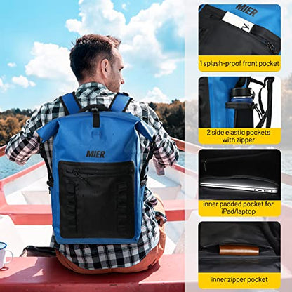 MIER Roll Top Waterproof Backpack Floating Dry Bag for Men Women | Heavy Duty Dry Sack, Cushioned Back, Multi-Pockets, Adjustable Chest Strap,For Kayaking Beach Boating Swimming Hiking Travel - color: Blue