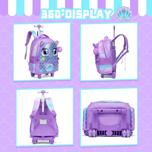 Meetbelify Rolling Backpack for Girls Backpacks with Wheels for Elementary School Students Kids 3 in 1 Travel Luggage Suitcase with Lunch Box Pencil Case for Girls Age 8-10 - color: Purple Mermaid