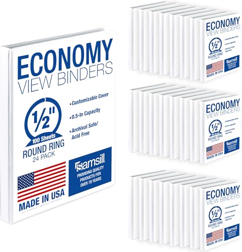 Samsill 0.5 Inch 3 Ring Binders, Economy Round Ring, Clear View Cover, 100 Sheet Capacity - for School, Home, Office - White, 24 Pack - color: White, size: 24-Pack, style: 0.5-Inch