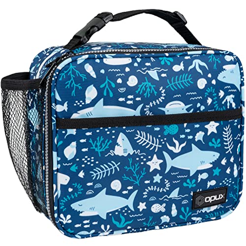 opux Insulated Lunch Bag for Kids, Reusable Lunch Box for School with Leakproof Lining, Compact Soft Cooler Tote for Boys & Girls, Front Pocket, Mesh Side Bottle Holder (Blue Shark) - color: Blue Shark